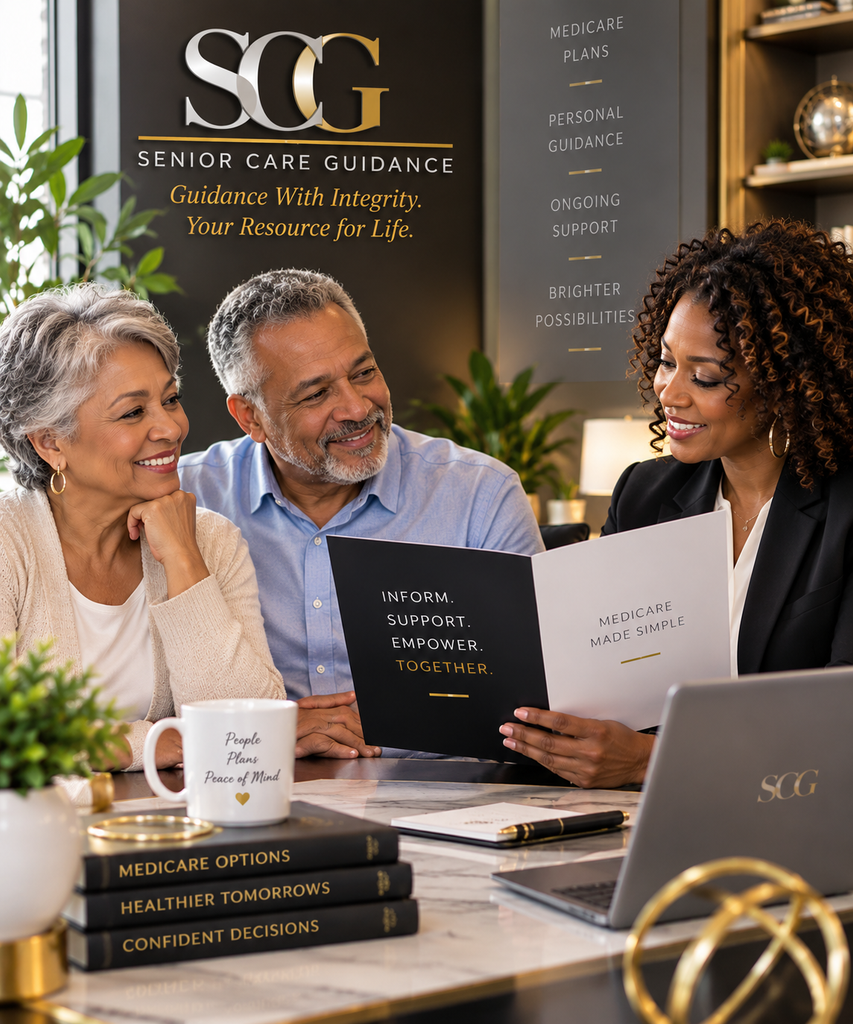 Senior Care Guidance advisor discussing Medicare options with an older couple.
