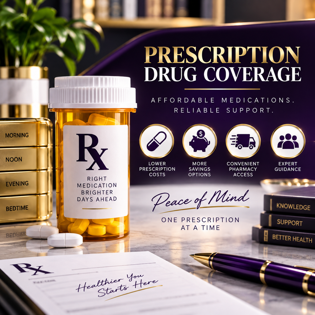 Prescription drug coverage graphic featuring prescription medications and pharmacy benefit symbols.